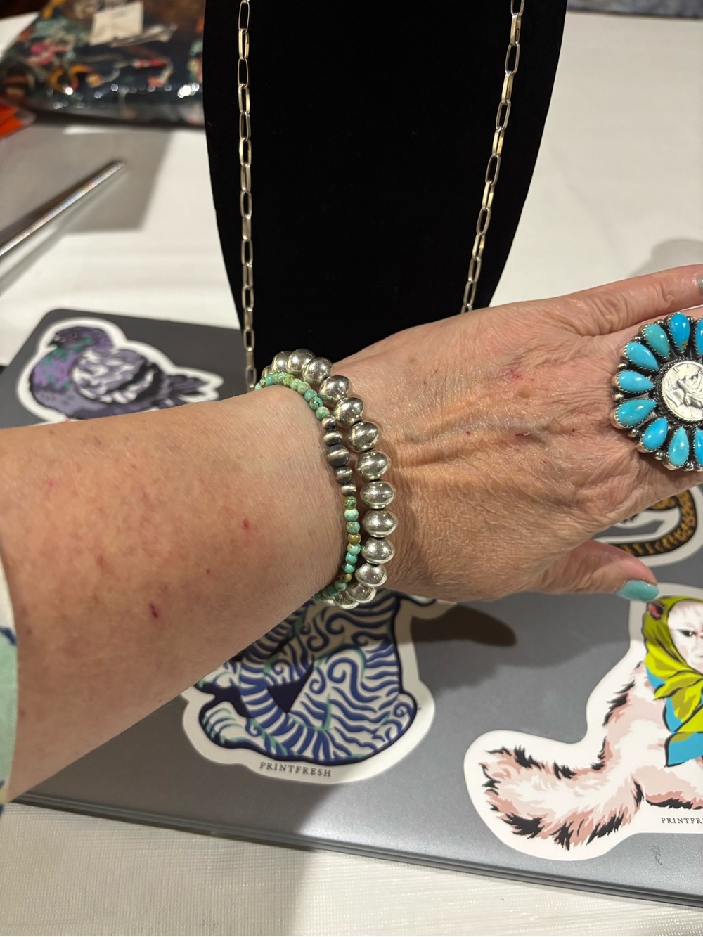 Navajo Turquoise & Sterling Silver Pearl Bracelet - Picture 3 of 3